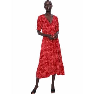NEW Zara Red and White Ruffled Polka Dot Dress